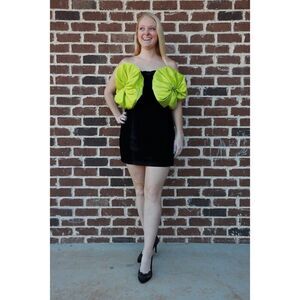 NWOT Miscreants London Black Velvet W/ Green Poofs Cupid Mini Dress UK 8 / US 4